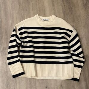 Zara Black and Cream Striped Crewneck Sweater